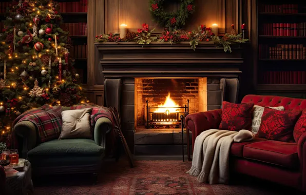 Picture decoration, room, sofa, balls, tree, interior, New Year, Christmas