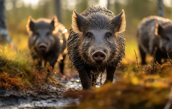 Picture wild, boars, underbrush, tread, softly