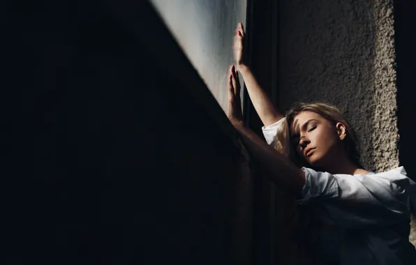 Picture girl, face, pose, hands, window, closed eyes, Alexei Chelnokov, Anastasia Gorokhova