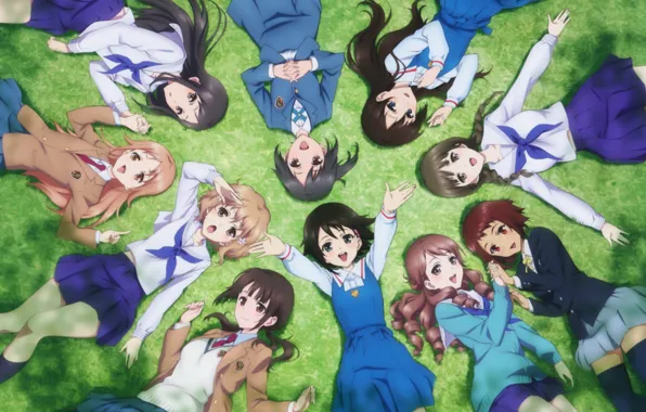 Grass, joy, girls, tie, school uniform, long hair, art, friend