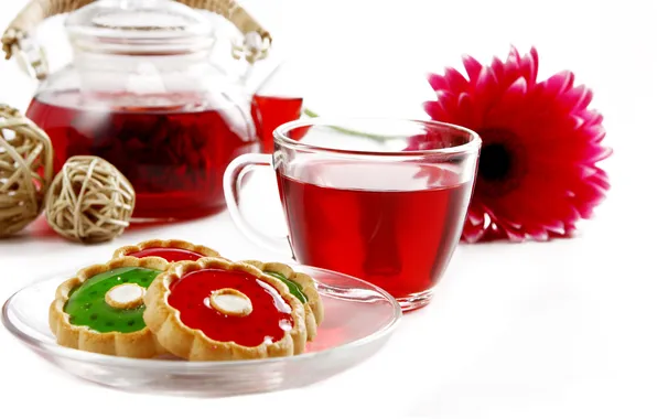 Flower, tea, cookies, saucer, teapot