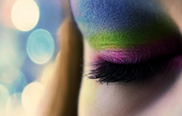 Macro, face, eyes, eyelashes, makeup, shadows, colorful, colours