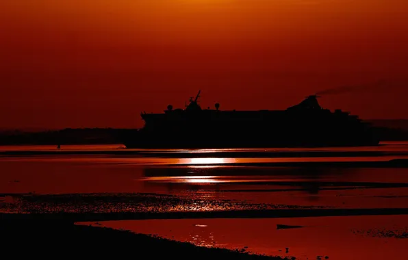 Sea, the sky, sunset, ship, silhouette