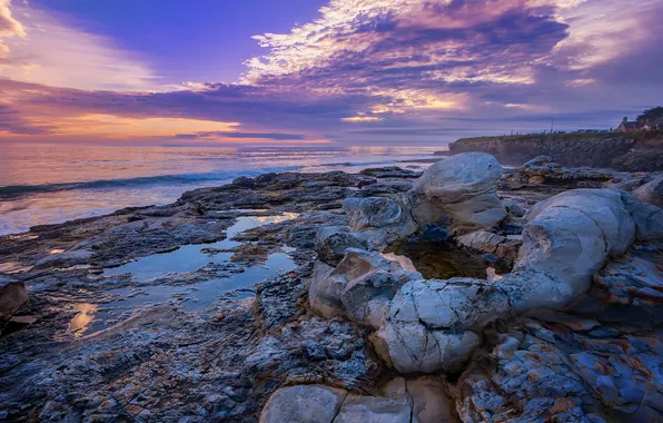 Sea, beach, stones, dawn, shore