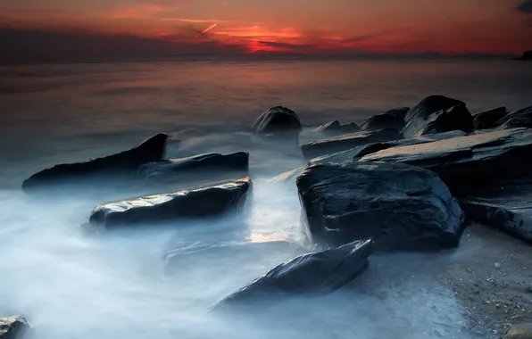 Sea, the sky, stones, shore, Sunset