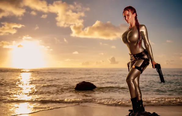 Tomb Raider, girl, gun, pistol, fantasy, Bianca Beauchamp, beach, red hair