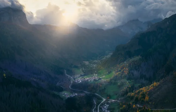 Road, autumn, forest, the sky, clouds, rays, light, mountains