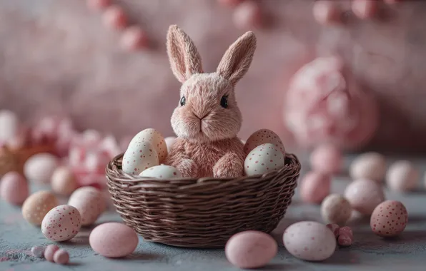 Toy, eggs, spring, rabbit, Easter, pink, basket, Bunny