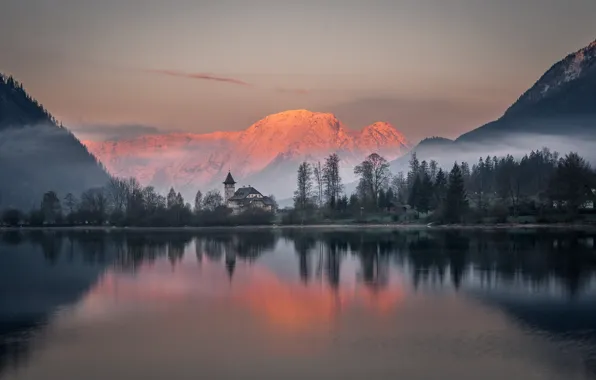 Trees, mountains, lake, dawn, morning, Austria, Alps, Austria