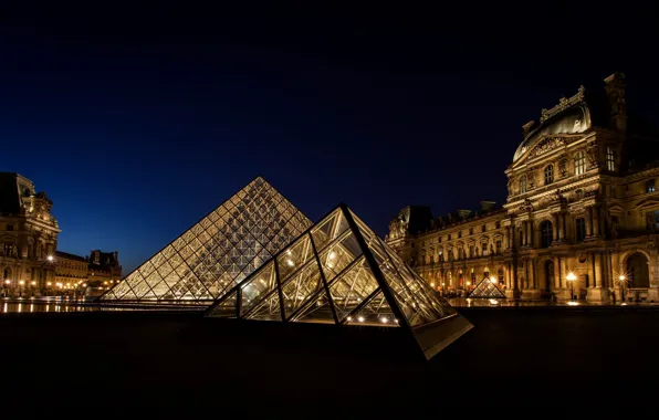 Light, night, the city, France, Paris, The Louvre, lighting, pyramid