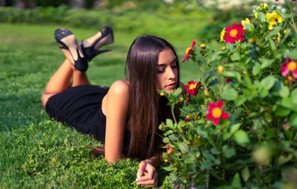 Picture girl, flowers, pose, long hair, Marco Squassina, Elisa Moscatelli