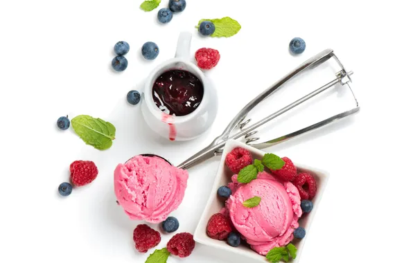 Picture berries, raspberry, blueberries, ice cream, sweet, jam