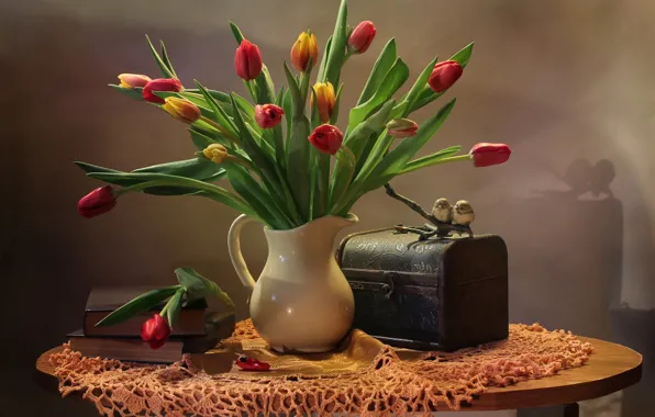 Flowers, birds, table, books, tulips, vase, chest, still life