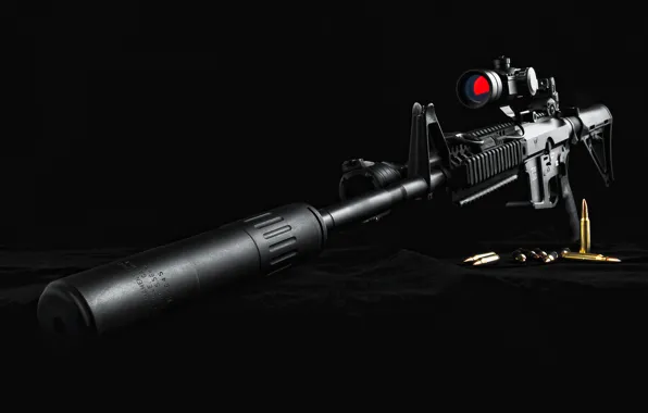 Picture machine, optics, black background, cartridges, rifle, muffler