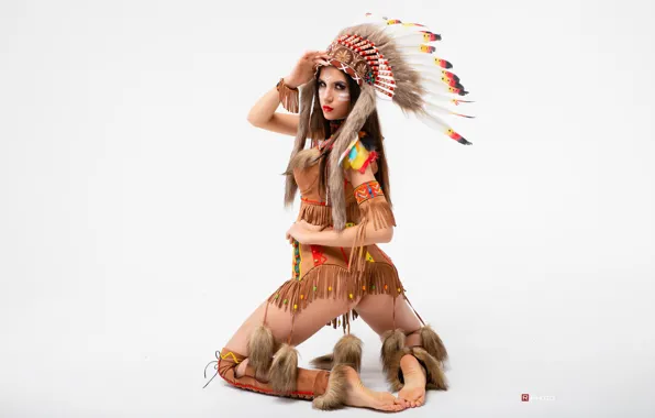 Girl, pose, feathers, costume, light background, roach, Vitaly Rychkov