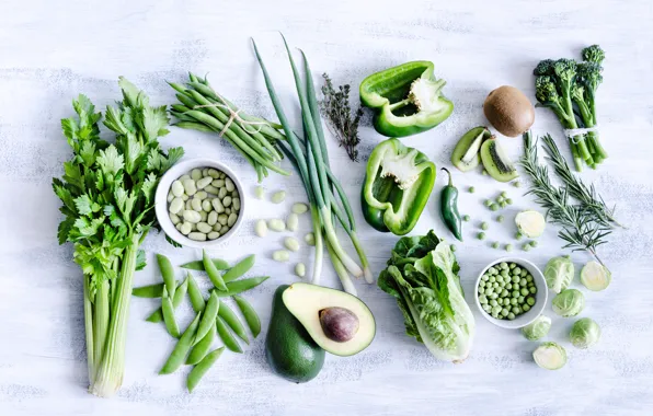 Greens, polka dot, kiwi, bow, pepper, cabbage, avocado, broccoli