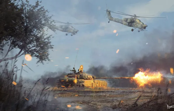 Picture Fire, War, Helicopter, Iron, Sparks, Weapons, Art, Tank