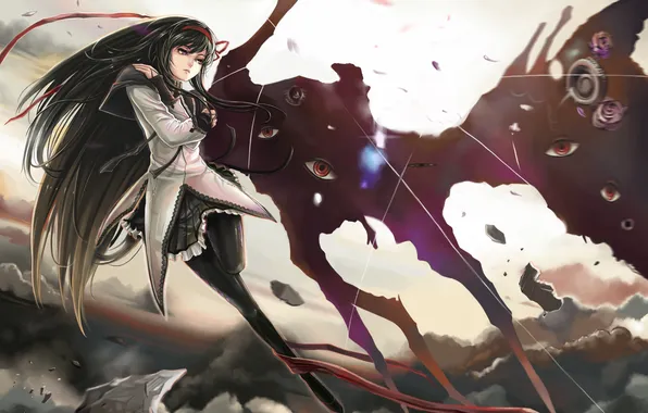 Eyes, girl, art, tape, in the sky, mahou shoujo madoka magica, homura akemi, dantewontdie