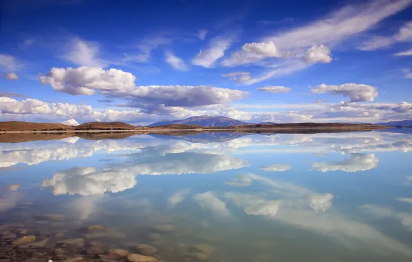 Picture the sky, clouds, mountains, lake, reflection, mirror