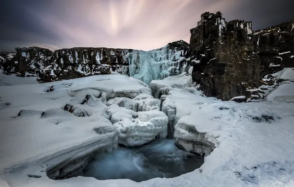 Snow, Iceland, Oxarafoss