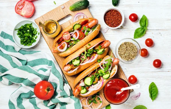 Picture food, bow, tomatoes, ketchup, hot dog, cucumbers, sandwiches, mustard