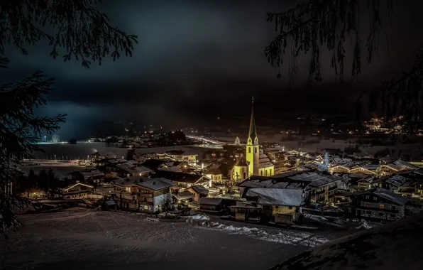 Winter, night, lights, Austria, Church, Ellmau