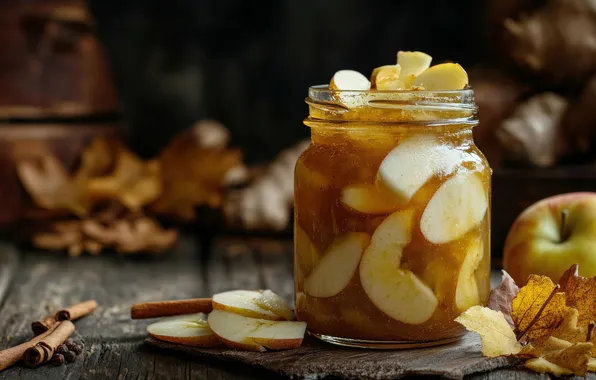Autumn, leaves, the dark background, apples, Board, Bank, slices, jam