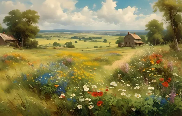 Greens, field, summer, grass, clouds, trees, landscape, flowers