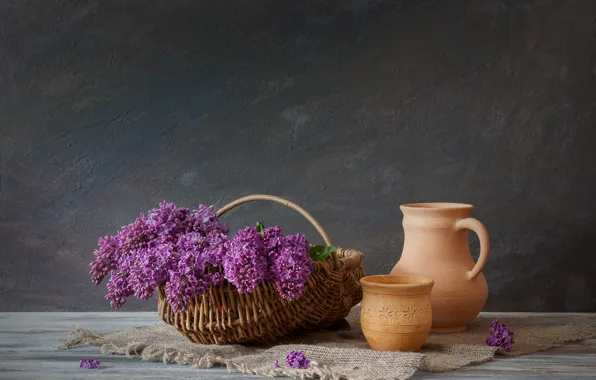 Flowers, bouquet, Basket, pitcher, lilac