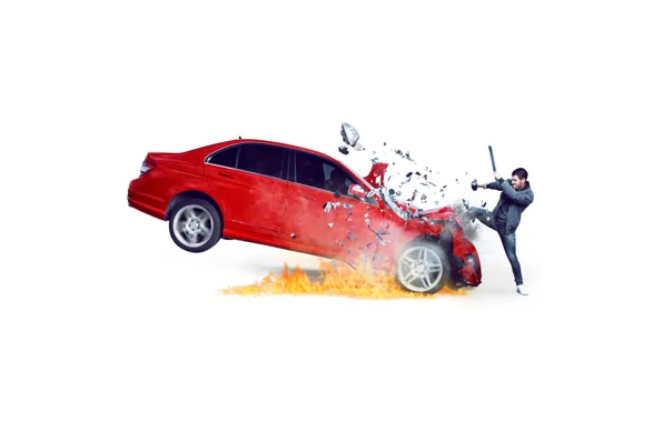 Red, fragments, fire, speed, blow, white background, car, photoshoot