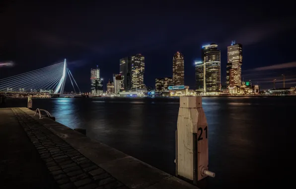 Night, bridge, lights, home, support, Netherlands, Rotterdam