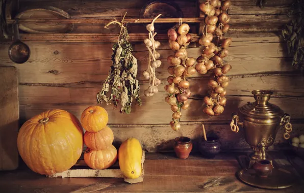 Old, house, table, tea, village, bow, pumpkin, dishes