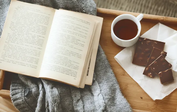 Comfort, tea, chocolate, Cup, book, sweater, tray