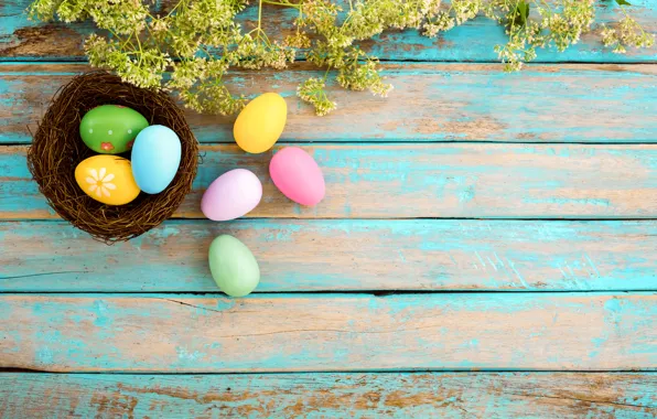 Picture flowers, basket, eggs, spring, colorful, Easter, wood, pink