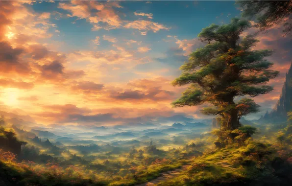 Art, tree, pathway, digital art, fantasy art, mount, dale, clouds sky