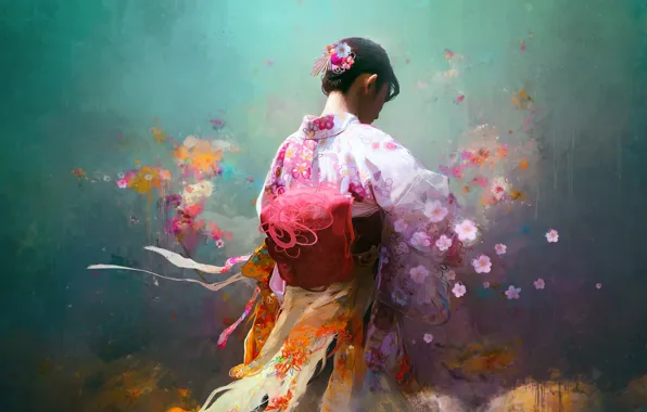 Picture Japan, girl, art, flowers, Asia, kimono, traditional dress