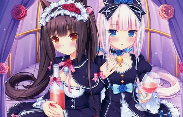 Glass, bottle, blue eyes, bow, ears, long hair, friend, roses