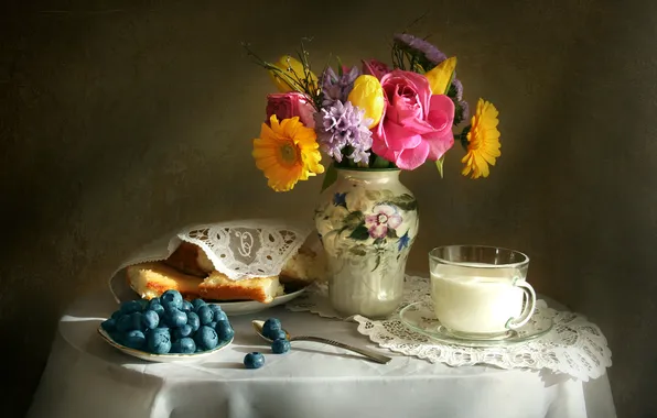 Flowers, rose, Tulip, bouquet, texture, milk, vase, still life