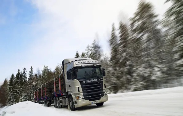 Picture Snow, Forest, Speed, Truck, Scania, The truck, R730