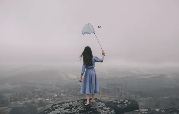 Picture girl, fog, butterfly