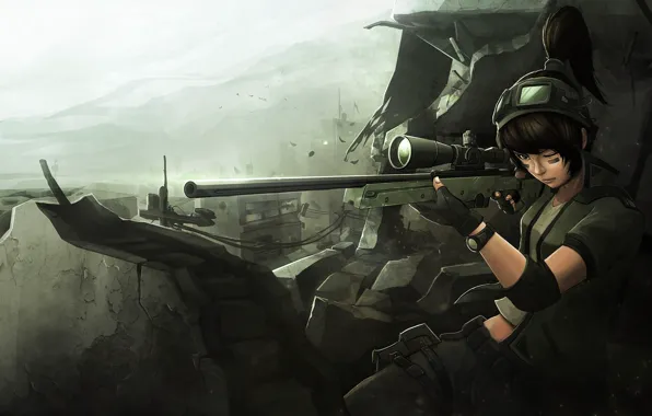 Picture girl, soldiers, ruins, sniper, art