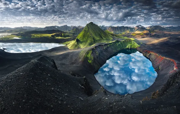 The sky, clouds, mountains, lake, reflection, rocks, dal, relief
