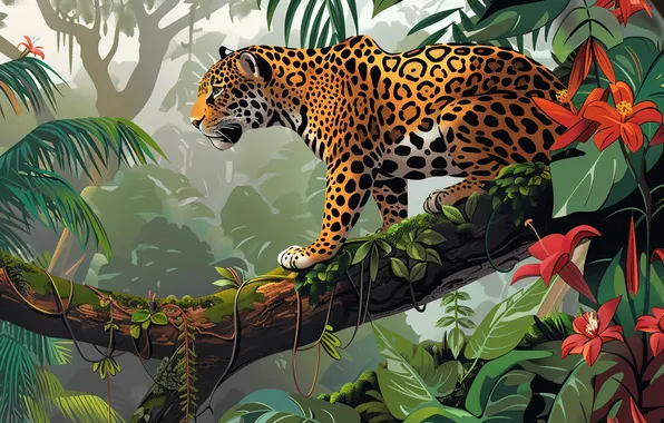 Flowers, Tree, Leaves, Branch, Jaguar, Predator, Jungle, Digital art