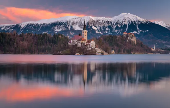 Picture sunset, mountains, lake, reflection, Church, Slovenia, Lake Bled, Slovenia