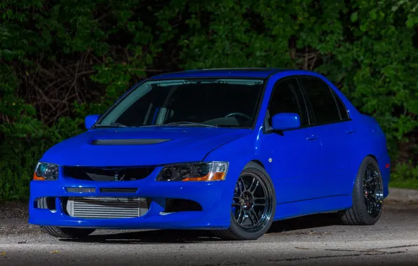 Mitsubishi, Lancer, Evolution, Blue, Night