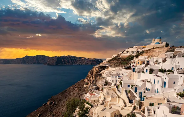 Sea, the sky, clouds, sunset, mountains, clouds, the city, shore