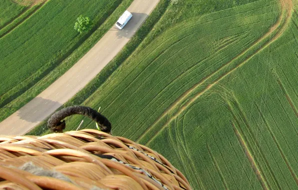 Picture road, field, balloon, basket, the view from the top