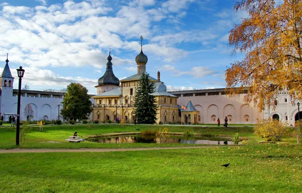 Picture grass, the city, pond, photo, Cathedral, temple, Russia, the monastery