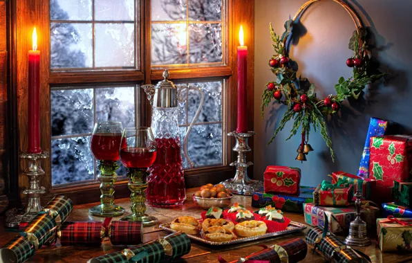 Picture style, wine, candles, glasses, window, Christmas, gifts, cakes