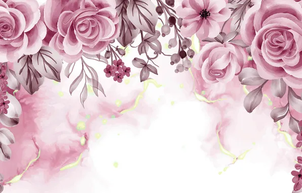 Leaves, flowers, roses, divorce, texture, watercolor, white background, pink